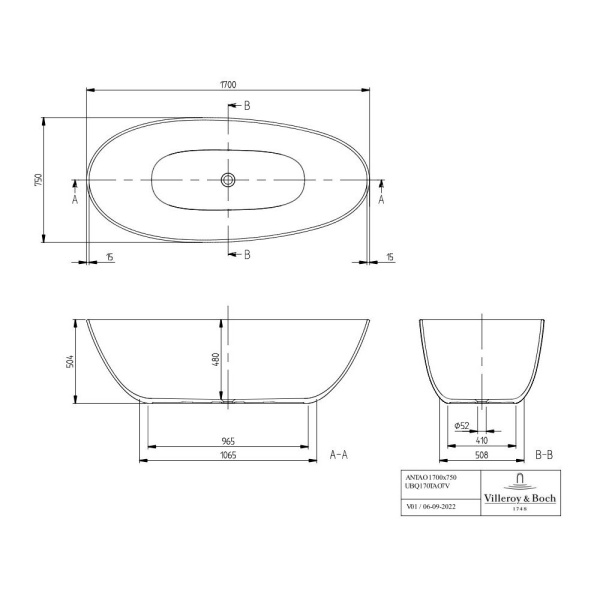 Ванна Villeroy & Boch Antao 1700 x 750 мм, UBQ170TAO7V-01