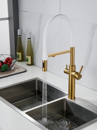 Смеситель для кухни с гибким изливом и подключением фильтра Shevanik S478G, золотой сатин