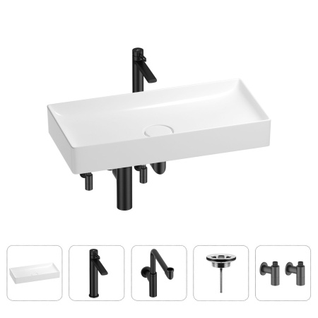 Раковина для ванной Wellsee Pure BY Wellsee 201004472 в наборе 5 в 1: раковина белого глянцевого цвета, высокий смеситель, сифон, выпуск, угловые вентили (цвет набора матовый черный)