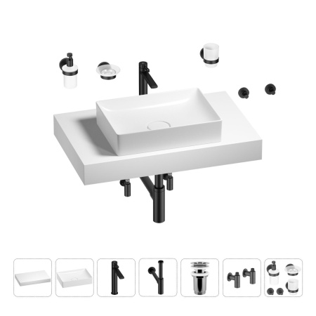 Раковина 50 см со столешницей 80 см Wellsee Pure BY Wellsee 201011157 в наборе 10 в 1: столешница, раковина, высокий смеситель, сифон, выпуск, кран-вентили, аксессуары (цвет матовый черный)