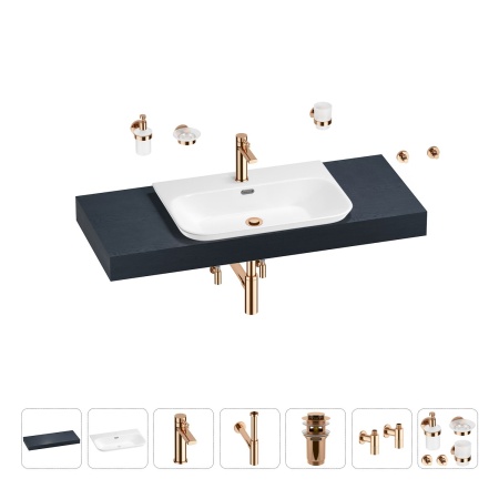 Раковина 65 см со столешницей 120 см Wellsee Eclatant 2.0 201013309 в наборе 10 в 1: столешница, раковина, смеситель, сифон, донный клапан, угловые вентили, аксессуары (цвет розовое золото)