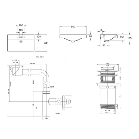 Комплект 3 в 1 Lavinia Boho Bathroom Sink 21520644: врезная фарфоровая раковина 80 см, металлический сифон, донный клапан