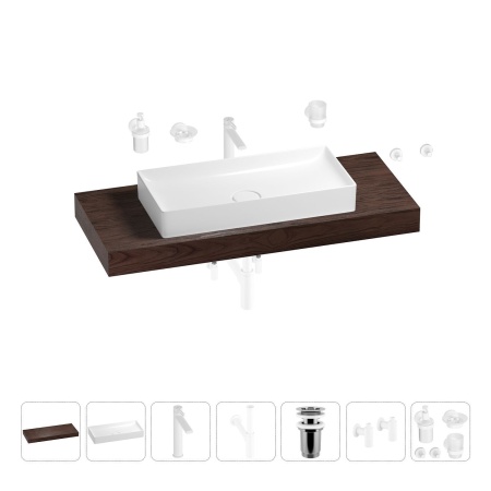 Раковина 75 см со столешницей 120 см Wellsee Pure BY Wellsee 201011740 в наборе 10 в 1: столешница, раковина, высокий смеситель, сифон, выпуск, кран-вентили, аксессуары (цвет матовый белый)