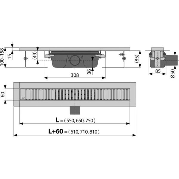 Водоотводящий желоб с перфорированной решеткой Alcaplast APZ1SMART-LINE-750