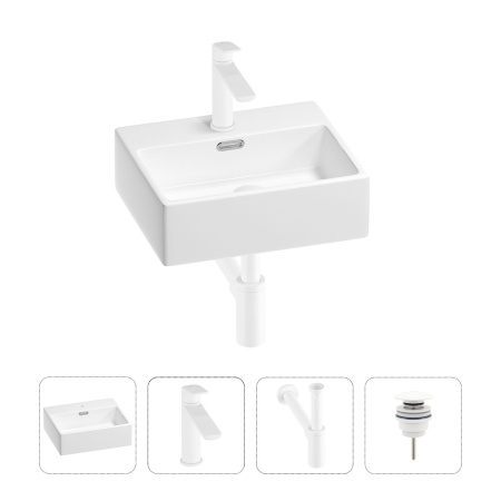Раковина для ванной Wellsee Graceful Pro 201002855 в наборе 4 в 1: раковина белого глянцевого цвета, смеситель, сифон, донный клапан (цвет набора матовый белый)