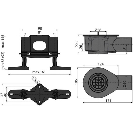 Низкий cифон Alcaplast DN50 и комплект регулируемых ног, APZ-S9