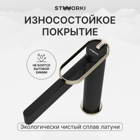 Смеситель для раковины STWORKI Малунг S11020BG матовый черный, глянцевое золото