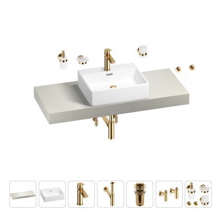 Раковина 50 см со столешницей 120 см Wellsee Graceful Pro 201012513 в наборе 10 в 1: столешница, раковина, смеситель, сифон, донный клапан, угловые вентили, аксессуары (цвет золото)
