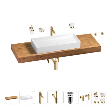 Раковина 75 см со столешницей 140 см Wellsee Pure BY Wellsee 201011838 в наборе 10 в 1: столешница, раковина, высокий смеситель, сифон, выпуск, кран-вентили, аксессуары (цвет золото)