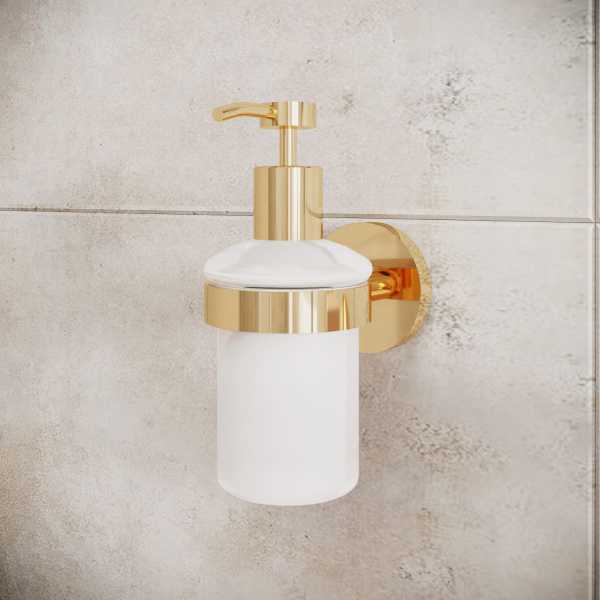 Стеклянный дозатор для жидкого мыла с латунным настенным держателем Wellsee Finishing Touch 182514000 (цвет дозатора матовый, цвет держателя золотой). Для применения в ванной комнате и кухне