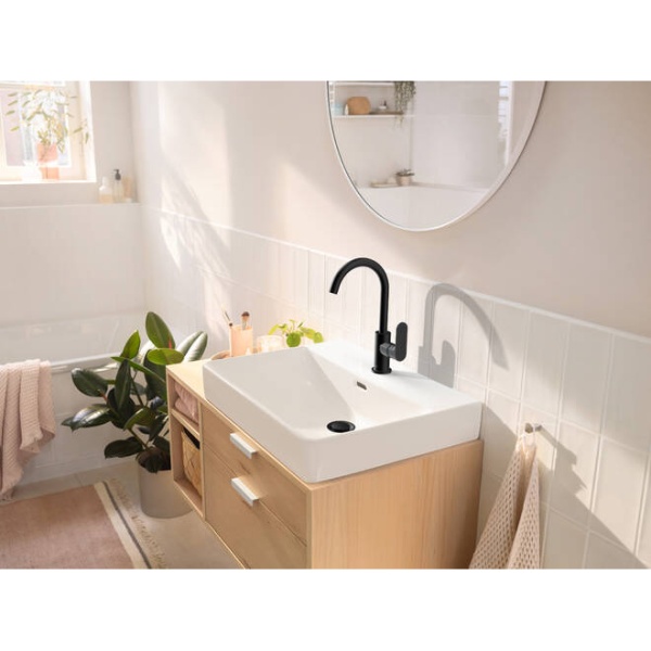 Hansgrohe Rebris S Смеситель для раковины 210 с поворотным изливом со сливным гарнитуром черный матовый 72536670