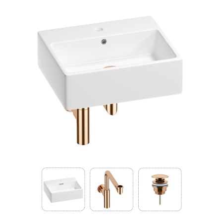 Раковина для ванной Wellsee Graceful Pro 201001349 в наборе 3 в 1: прямоугольная раковина белого глянцевого цвета, сифон, донный клапан в цвете розовое золото