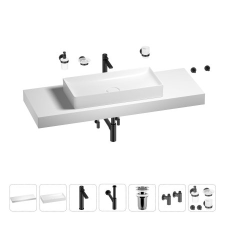 Раковина 75 см со столешницей 140 см Wellsee Pure BY Wellsee 201011877 в наборе 10 в 1: столешница, раковина, высокий смеситель, сифон, выпуск, кран-вентили, аксессуары (цвет матовый черный)