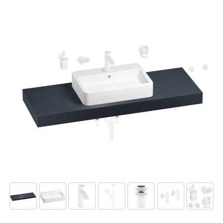 Раковина 60 см со столешницей 140 см Wellsee Halcyon 201012105 в наборе 10 в 1: столешница, раковина, смеситель, сифон, донный клапан, угловые вентили, аксессуары (цвет матовый белый)