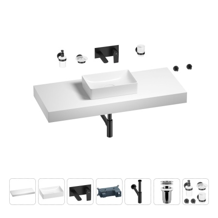 Раковина 42 см со столешницей 120 см Wellsee Pure BY Wellsee 201010957 в наборе 9 в 1: столешница, раковина, встраиваемый смеситель, сифон, выпуск, аксессуары (цвет набора матовый черный)