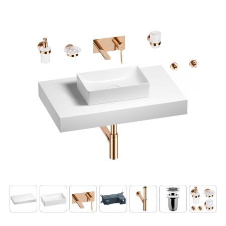 Раковина 42 см со столешницей 80 см Wellsee Pure BY Wellsee 201010784 в наборе 9 в 1: столешница, раковина, встраиваемый смеситель, сифон, выпуск, аксессуары (цвет набора розовое золото)