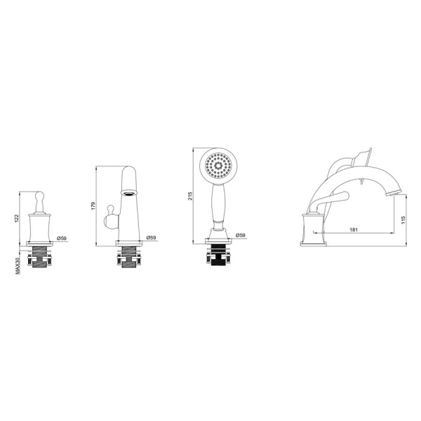 Смеситель на борт ванны WONZON & WOGHAND, Темный графит (WW-88659008-BGM)