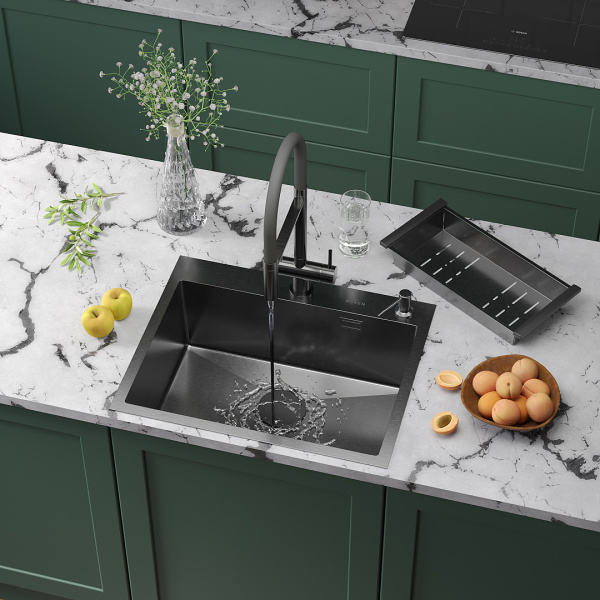 Кухонная мойка Roxen Simple 60 PVD (графит) с коландером и дозатором