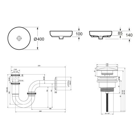 Комплект 3 в 1 Lavinia Boho Bathroom Sink 21520164: накладная фарфоровая раковина 40 см, металлический сифон, донный клапан