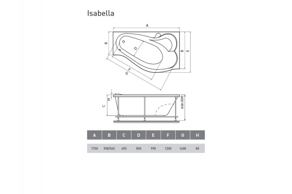 Ванна акриловая правосторонняя Relisan ISABELLA Гл000010530, 170x90