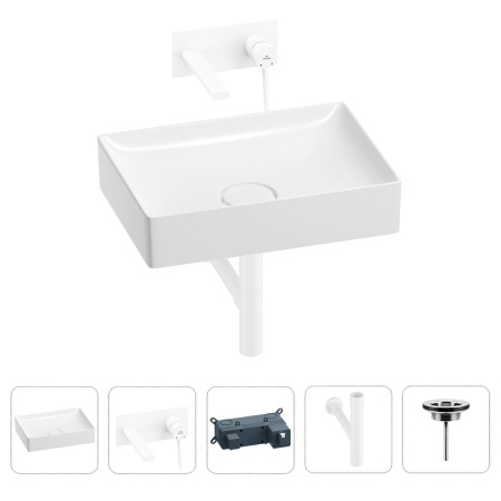 Раковина для ванной Wellsee Pure BY Wellsee 201002660 в наборе 4 в 1: раковина белого глянцевого цвета, встраиваемый смеситель, сифон, выпуск (цвет набора матовый белый)