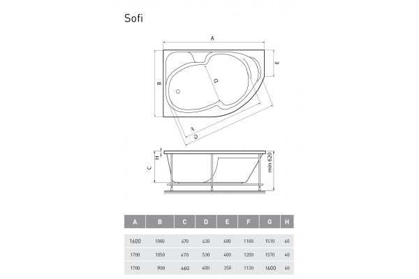Ванна акриловая левосторонняя Relisan SOFI Гл000009446, 170x105