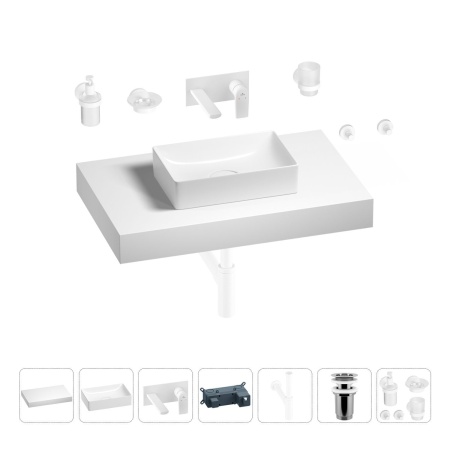 Раковина 42 см со столешницей 80 см Wellsee Pure BY Wellsee 201010780 в наборе 9 в 1: столешница, раковина, встраиваемый смеситель, сифон, выпуск, аксессуары (цвет набора матовый белый)