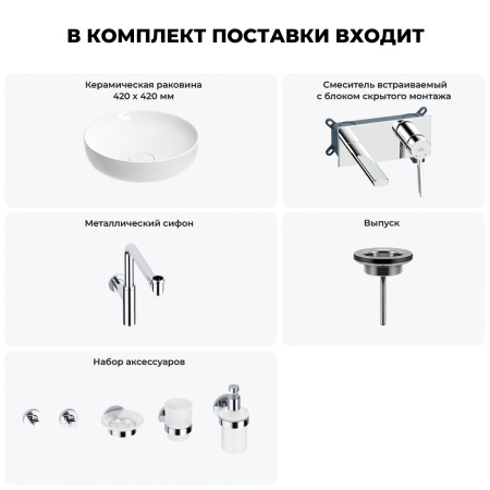 Раковина для ванной Wellsee Chalice Perfection 201006221 в наборе 8 в 1: раковина белого глянцевого цвета, встраиваемый смеситель, сифон, выпуск, аксессуары (цвет набора хром)
