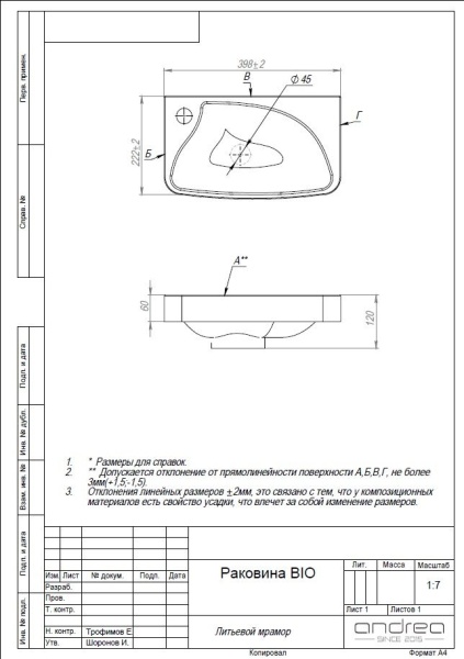 Раковина Andrea Bio 40 4650002680890
