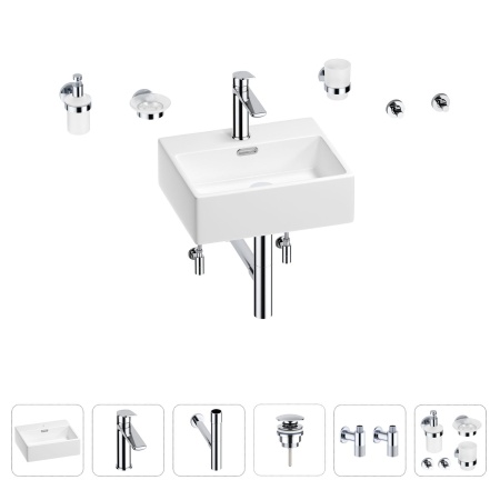 Раковина для ванной Wellsee Graceful Pro 201006621 в наборе 9 в 1: раковина белого глянцевого цвета, смеситель, сифон, донный клапан, угловые вентили, аксессуары (цвет набора хром)