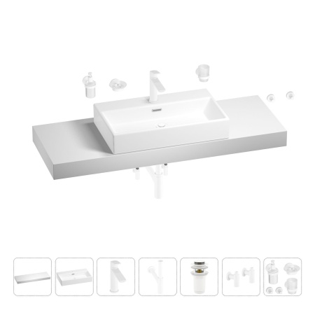 Раковина 70 см со столешницей 140 см Wellsee Graceful Pro 201012795 в наборе 10 в 1: столешница, раковина, смеситель, сифон, донный клапан, угловые вентили, аксессуары (цвет матовый белый)