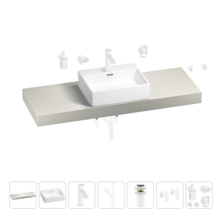 Раковина 50 см со столешницей 140 см Wellsee Graceful Pro 201012575 в наборе 10 в 1: столешница, раковина, смеситель, сифон, донный клапан, угловые вентили, аксессуары (цвет матовый белый)