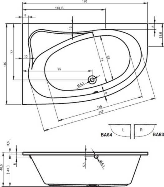 Акриловая ванна с ножками Riho Lyra 170x110 R BA6300500000000