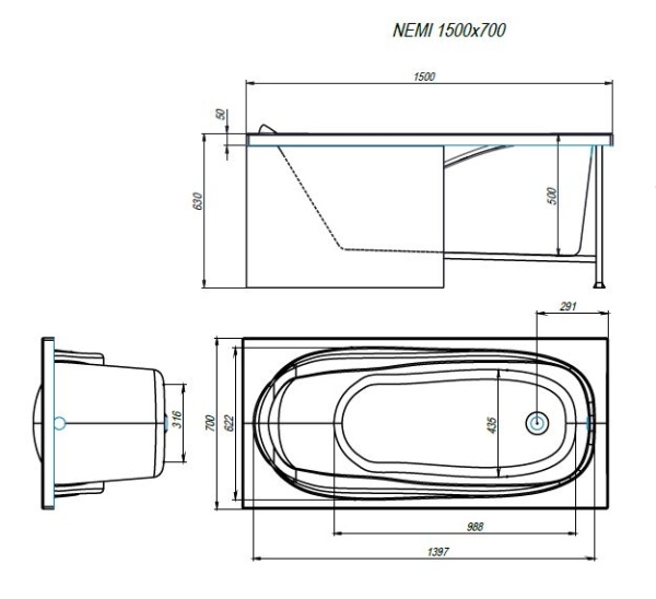 Ванна ALEX BAITLER™ NEMI 150*70 пустая