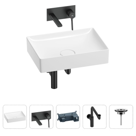 Раковина для ванной Wellsee Pure BY Wellsee 201002697 в наборе 4 в 1: раковина белого глянцевого цвета, встраиваемый смеситель, сифон, выпуск (цвет набора матовый черный)