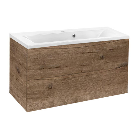Тумба Vincea Mia 900 подвесная, 2 выкатных ящика soft close, V.Oak с умывальником VCB-3M900W из искусственного камня, цвет белый