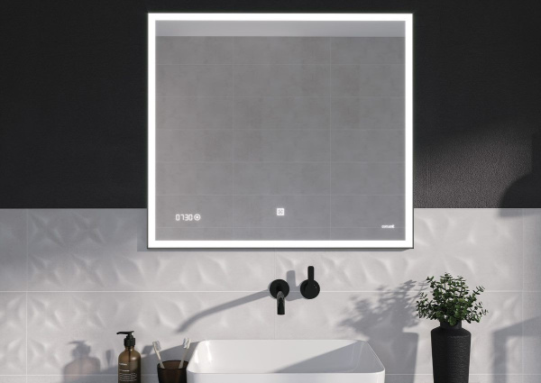 Зеркало Cersanit LED 011 design 100x80 с подсветкой часы металл. рамка прямоугольное Ecom, KN-LU-LED011*100-d-Os