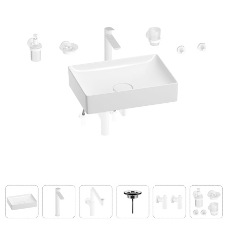 Раковина для ванной Wellsee Pure BY Wellsee 201006435 в наборе 9 в 1: раковина белого глянцевого цвета, высокий смеситель, сифон, выпуск, угловые вентили, аксессуары (цвет матовый белый)