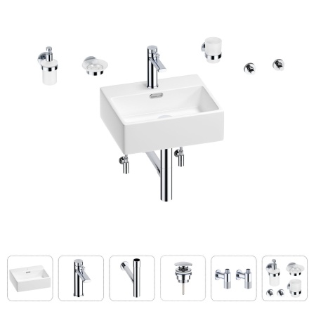 Раковина для ванной Wellsee Graceful Pro 201006626 в наборе 9 в 1: раковина белого глянцевого цвета, смеситель, сифон, донный клапан, угловые вентили, аксессуары (цвет набора хром)