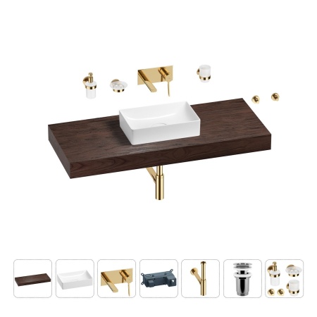 Раковина 42 см со столешницей 120 см Wellsee Pure BY Wellsee 201010948 в наборе 9 в 1: столешница, раковина, встраиваемый смеситель, сифон, выпуск, аксессуары (цвет набора золото)