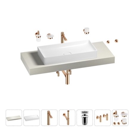 Раковина 75 см со столешницей 120 см Wellsee Pure BY Wellsee 201011679 в наборе 10 в 1: столешница, раковина, высокий смеситель, сифон, выпуск, кран-вентили, аксессуары (цвет розовое золото)