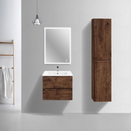 Тумба Vincea Mia Slim 600 подвесная, 2 выкатных ящика soft close, R.Wood с умывальником VBS-13960S1 керамическая, цвет белый