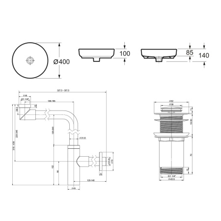 Комплект 3 в 1 Lavinia Boho Bathroom Sink 21520213: накладная фарфоровая раковина 40 см, металлический сифон, донный клапан