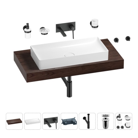 Раковина 75 см со столешницей 100 см Wellsee Pure BY Wellsee 201011627 в наборе 9 в 1: столешница, раковина, встраиваемый смеситель, сифон, выпуск, аксессуары (цвет набора матовый черный)