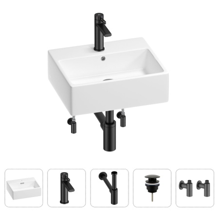 Раковина для ванной Wellsee Graceful Pro 201004582 в наборе 5 в 1: раковина белого глянцевого цвета, смеситель, сифон, донный клапан, угловые вентили (цвет набора матовый черный)