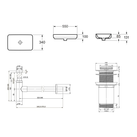Комплект 3 в 1 Lavinia Boho Bathroom Sink 21520143: накладная фарфоровая раковина 55 см, металлический сифон, донный клапан