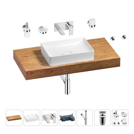 Раковина 50 см со столешницей 100 см Wellsee Pure BY Wellsee 201011241 в наборе 9 в 1: столешница, раковина, встраиваемый смеситель, сифон, выпуск, аксессуары (цвет набора хром)