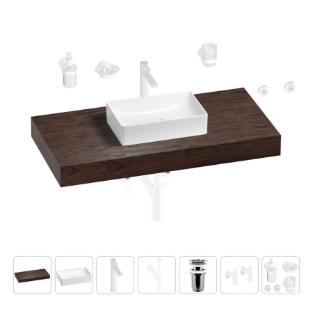 Раковина 42 см со столешницей 100 см Wellsee Pure BY Wellsee 201010850 в наборе 10 в 1: столешница, раковина, высокий смеситель, сифон, выпуск, кран-вентили, аксессуары (цвет матовый белый)