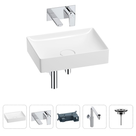 Раковина для ванной Wellsee Pure BY Wellsee 201002691 в наборе 4 в 1: раковина белого глянцевого цвета, встраиваемый смеситель, сифон, выпуск (цвет набора хром)