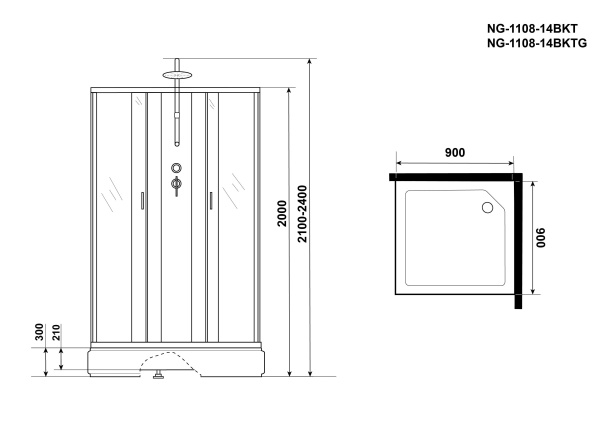 Душевая кабина Niagara Classic NG-1108-14BKTG 90х90х210-240, средний поддон 26 см, стекло матовое с полкой